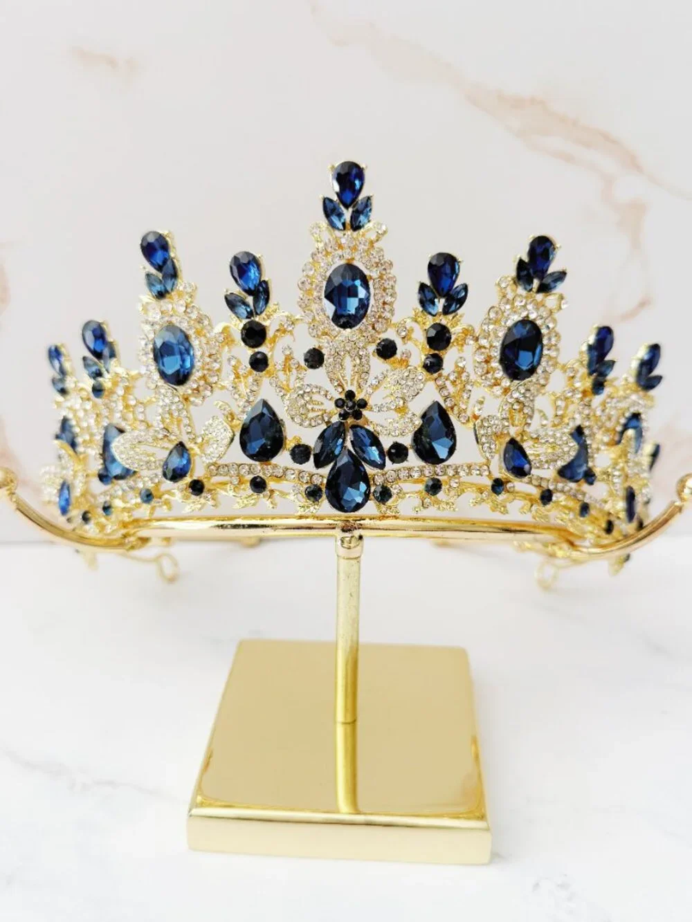 Blue Crystal Flower Tiara Crown Gold Bridal Wedding Pageant Prom Queen Headpiece